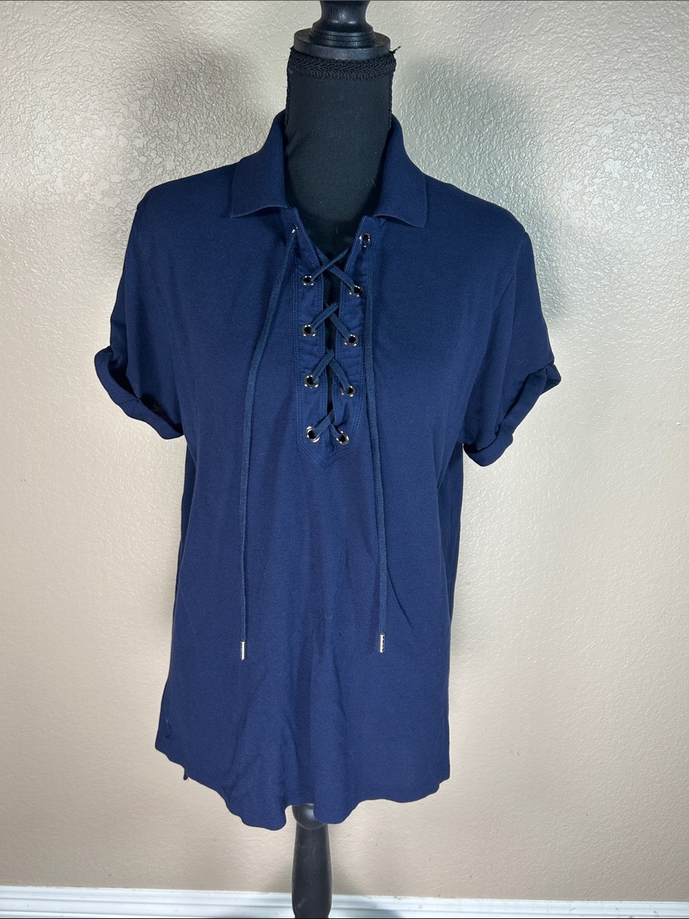 Polo Ralph Lauren Navy Lace-Up Collared Polo Shirt Size L